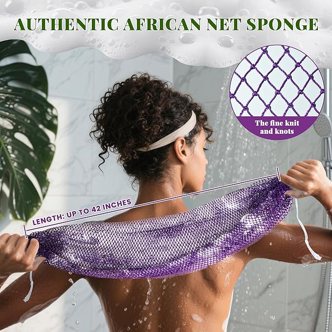 African Net Sponge Authentic, 3 Pieces Exfoliating Scrubber Bath Sponge for All Skin Types, Back Scrubber Loofah Washcloth for Shower, Gentle Exfoliation (Pink,Purple,Dark Blue)
