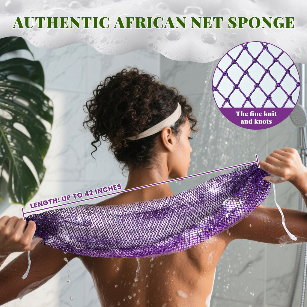 African Net Sponge Authentic, 3 Pieces Exfoliating Scrubber Bath Sponge for All Skin Types, Back Scrubber Loofah Washcloth for Shower, Gentle Exfoliation (Rose Red,Purple,Green)