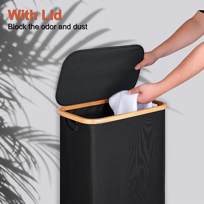 efluky Slim Laundry Basket with Lid, Narrow Laundry Hamper with Removable Bag, Skinny Dirty Clothes Basket with Bamboo Handles for Bathroom, Bedroom & Laundry Room, 90L Black