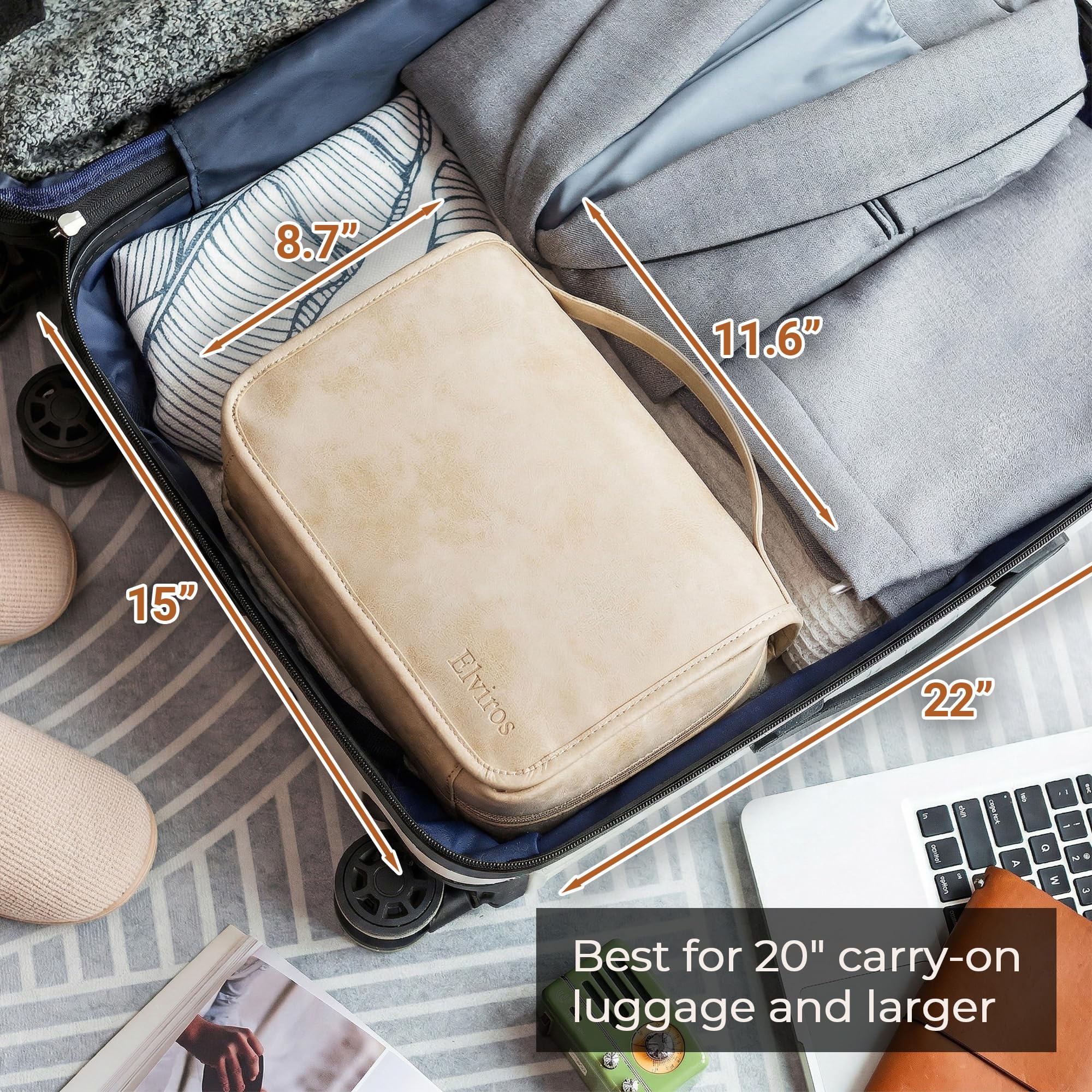 Elviros Hanging Travel Toiletry Bag for Women Vegan Leather (Beige)
