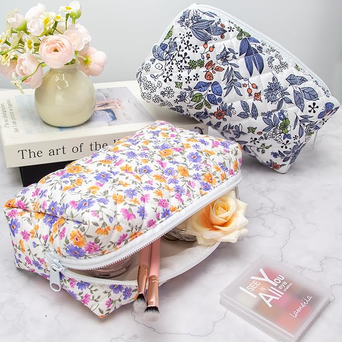 PAZIMIIK Small Quilted Makeup Bag,Zipper Cosmetic Pouch,Ditsy Floral,6 Pack