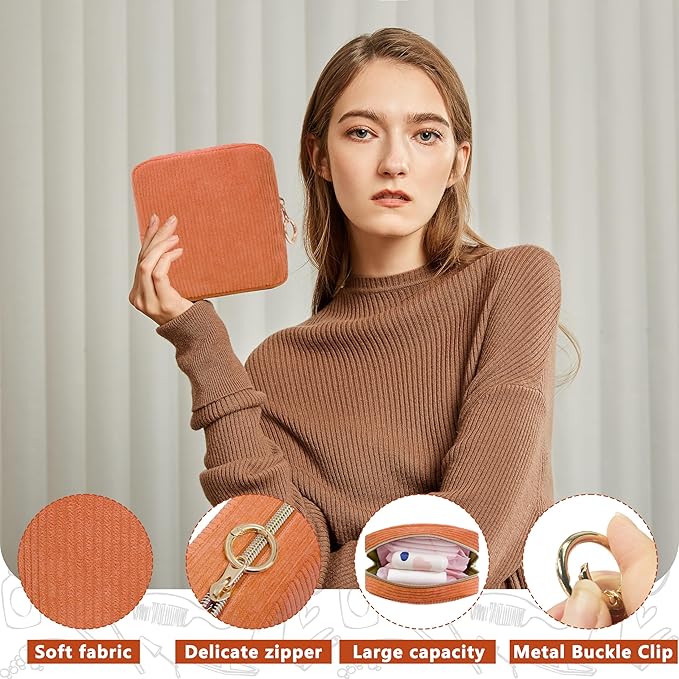 Period Bag for Girls, Corduroy Sanitary Napkin Storage Bag, Period Pouch & Tampon Holder, Feminine Care Organizer（Orange）