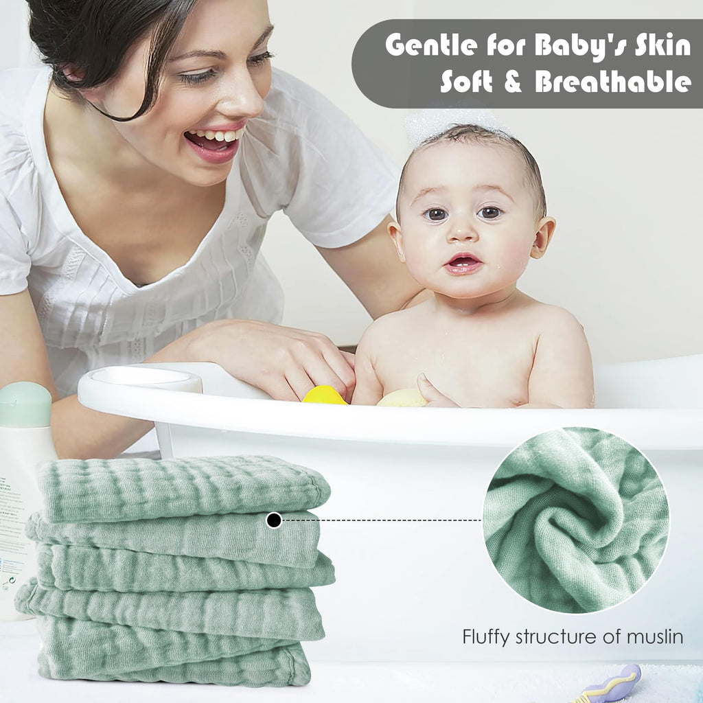 Ease Cubs 12 Pack Muslin Washcloths for Baby - 100% Cotton Baby Wash Cloths for or Baby Face Body Comfy and Soft for Newborn Infants Kids Girls and Boys - 12"x12" - Green