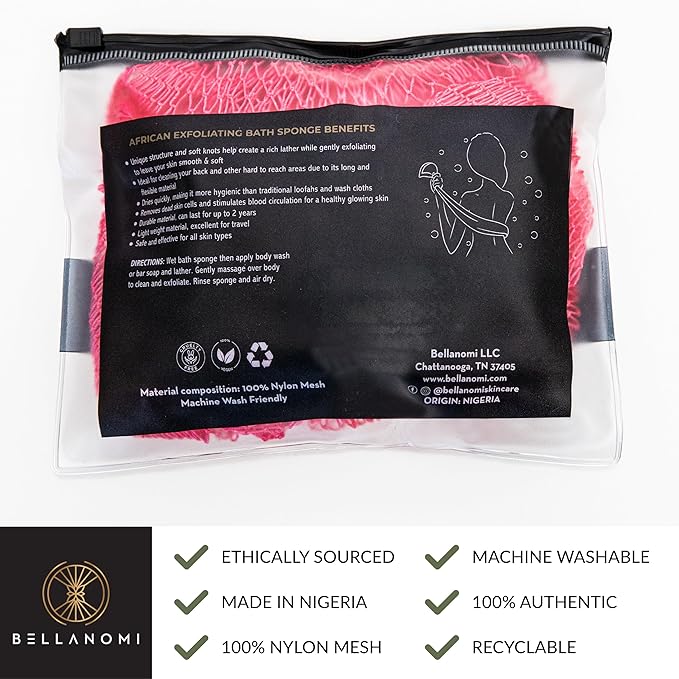 BELLANOMI African Exfoliating Net Sponge, Authentic, Ethically sourced from Nigeria, 45 inches Long, Back Scrubber for Daily use (Pink)
