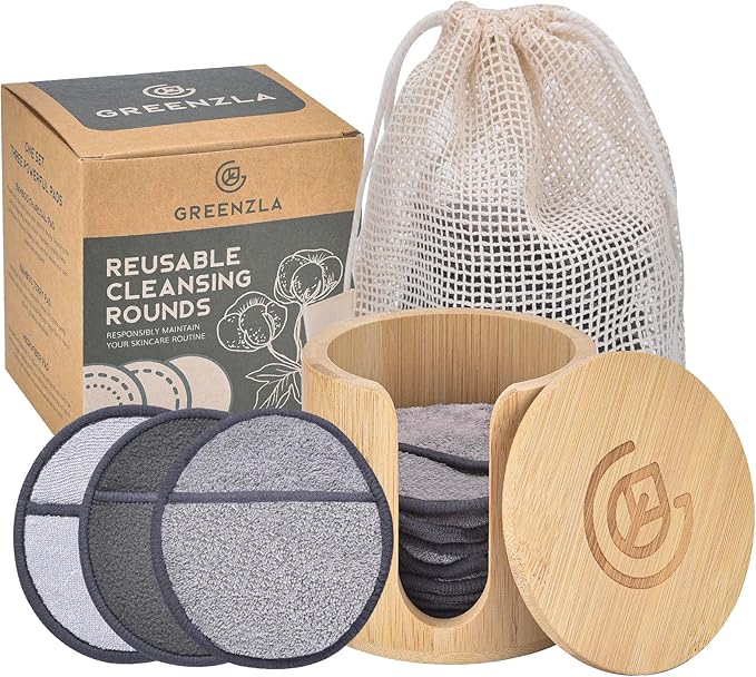 GREENZLA Reusable Makeup Remover Pads | 12 Pack | Bamboo Charcoal
