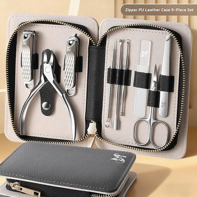 9PCS Manicure Set – Professional 9-in-1 Manicure Pedicure Kit, Premium Stainless Steel Nail Clippers and Grooming Tools with Portable Textured Travel Case, Luxury Gift Set for Woman& Man