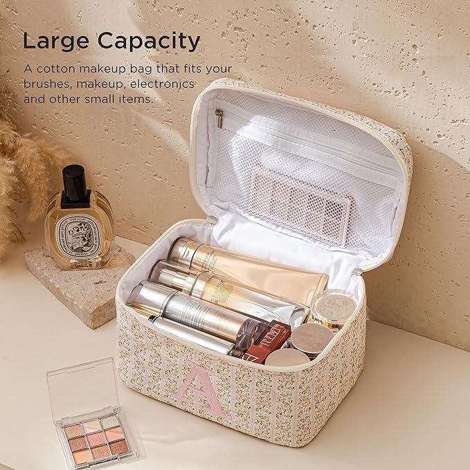HBselect Initial Quilted Makeup Bag, Pink Cosmetic Travel Toiletry Bag, Flowers Coquette Zipper Make Up Pouch Organizer Teen Girl Gift Trendy Stuff L