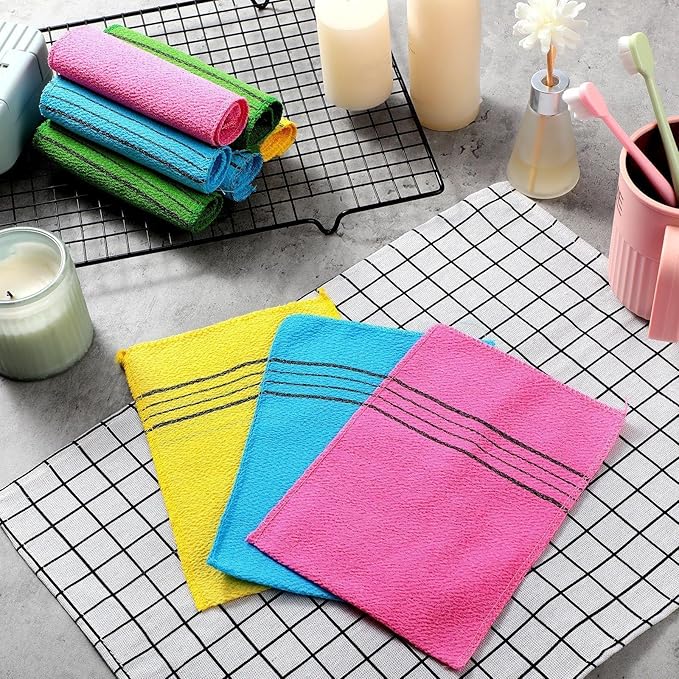 Tatuo 12 Pack Korean Exfoliating Mitt & Cloth, Viscose Rayon Dead Skin Remover Washcloth, Multi Color Body Scrub Towel for Shower Spa Travel(Large,Yellow, Green, Blue, Pink)
