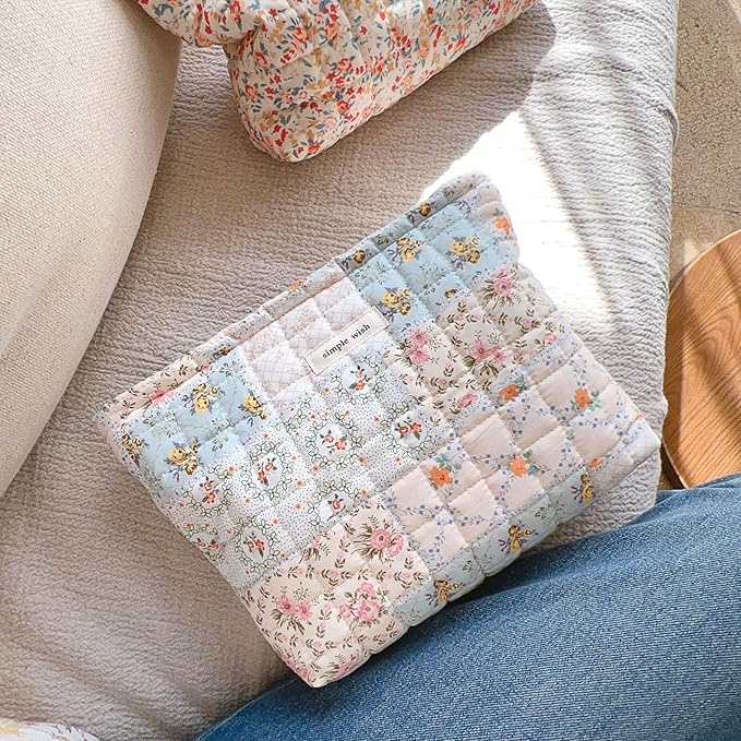 Sminra Quilted Floral Makeup Bag for Women, Cotton Cosmetic Pouch with Zipper, Slim Travel Toiletry Organizer for Makeup, Skincare and Daily Essentials Organizer (Blue Floral-L)