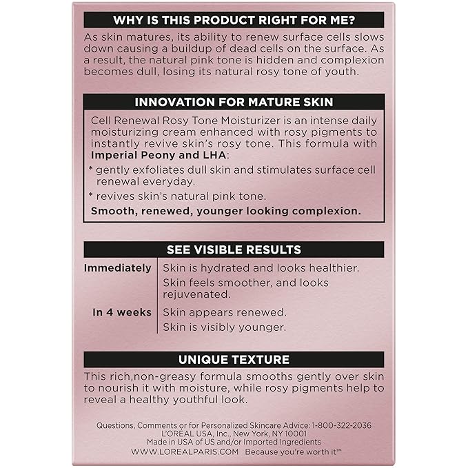 L'Oreal Paris Age Perfect Rosy Tone Anti-Sagging Face Moisturizer,Renew & Revive Healthy Tone,1.7 oz (Packaging May Vary),(Pack of 2)
