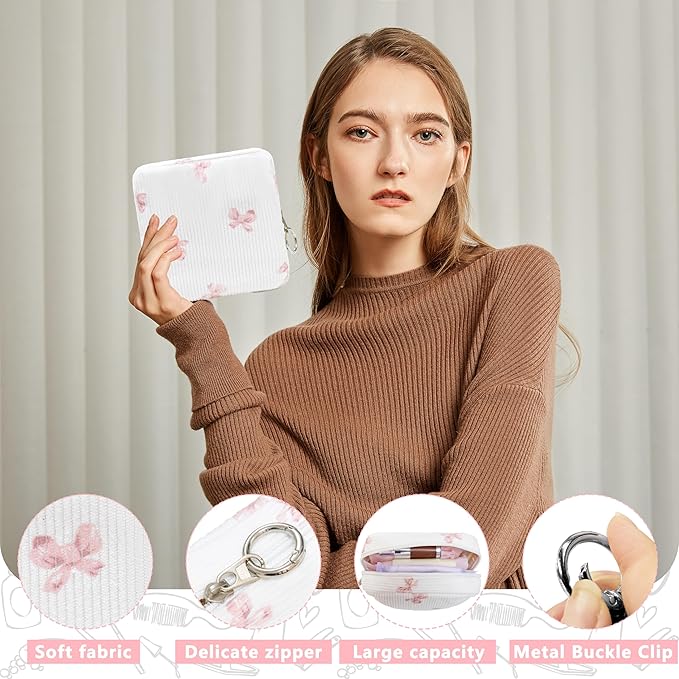 Period Bag for Girls, Corduroy Sanitary Napkin Storage Bag, Period Pouch & Tampon Holder, Feminine Care Organizer（Pink Bow）