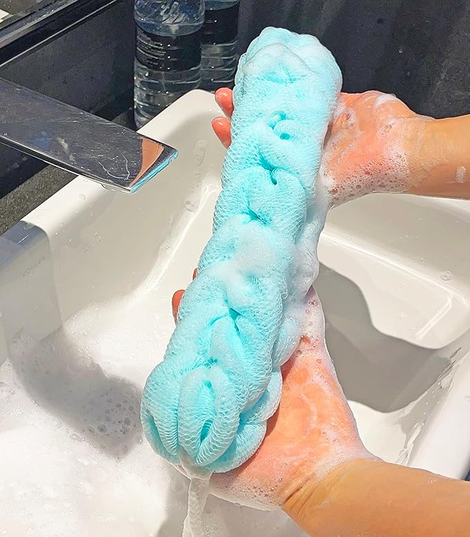 Long Stretch Back Sponge with Rope Handles Back Scrubber Bath Shower Mesh Sponge Exfoliating Body Scrub Stretch Braided Loofah for Men and Women(2-Pack,Blue Green)