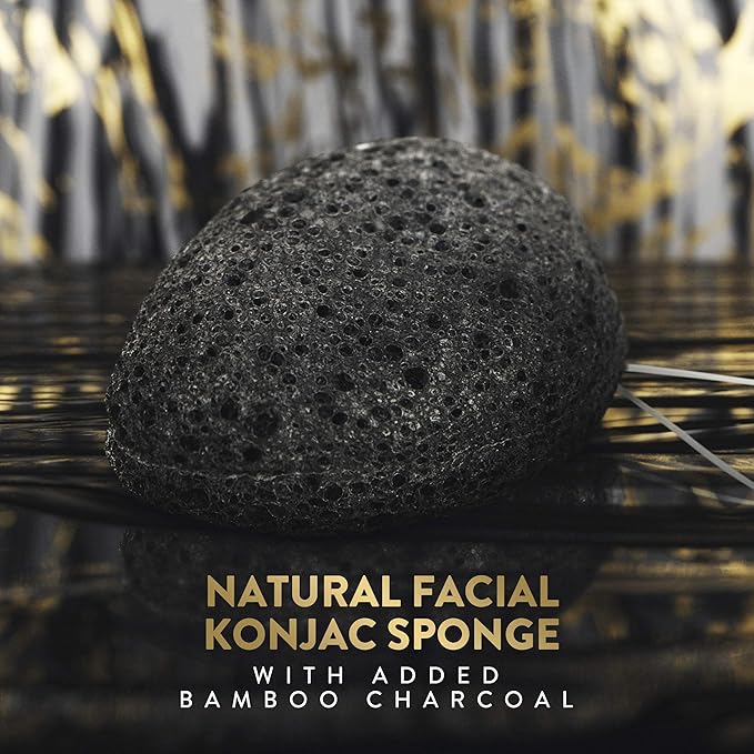 Konjac Sponge for Face | All Natural and Reusable | Konjac Facial Sponge with Activated Bamboo Charcoal | Gentle Exfoliating Sponge for Face | Cleaning for All Skin Types | Biodegradable - Black