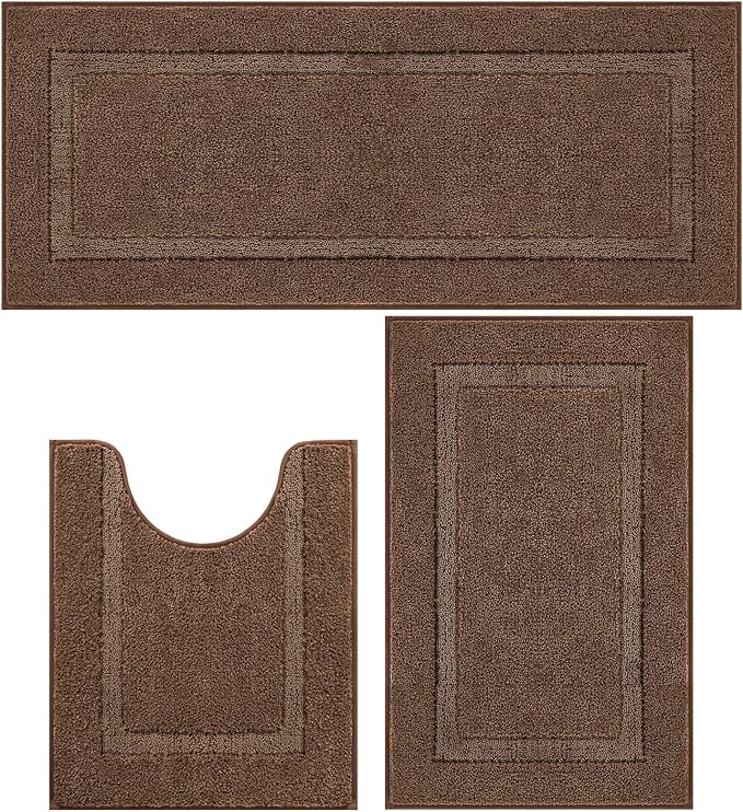 SHACOS Dark Brown Bathroom Rugs Sets 3 Piece Bath Mat U Shaped Toilet Rug