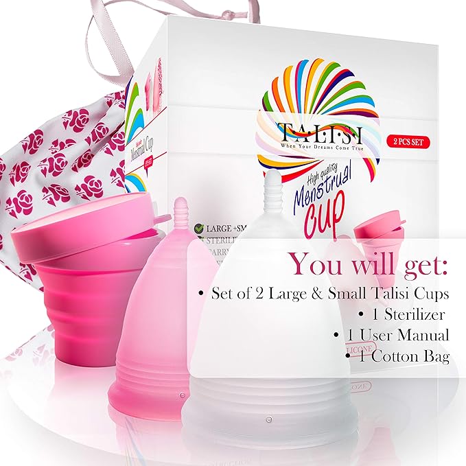 Talisi Menstrual Cups Set of 2 with Collapsible Cleaner Silicone Sterilizer - Soft Reusable Period Kit - Tampon Pads Disc Alternative - Menstruation Feminine Cup Regular, Heavy Flow (Small & Large)