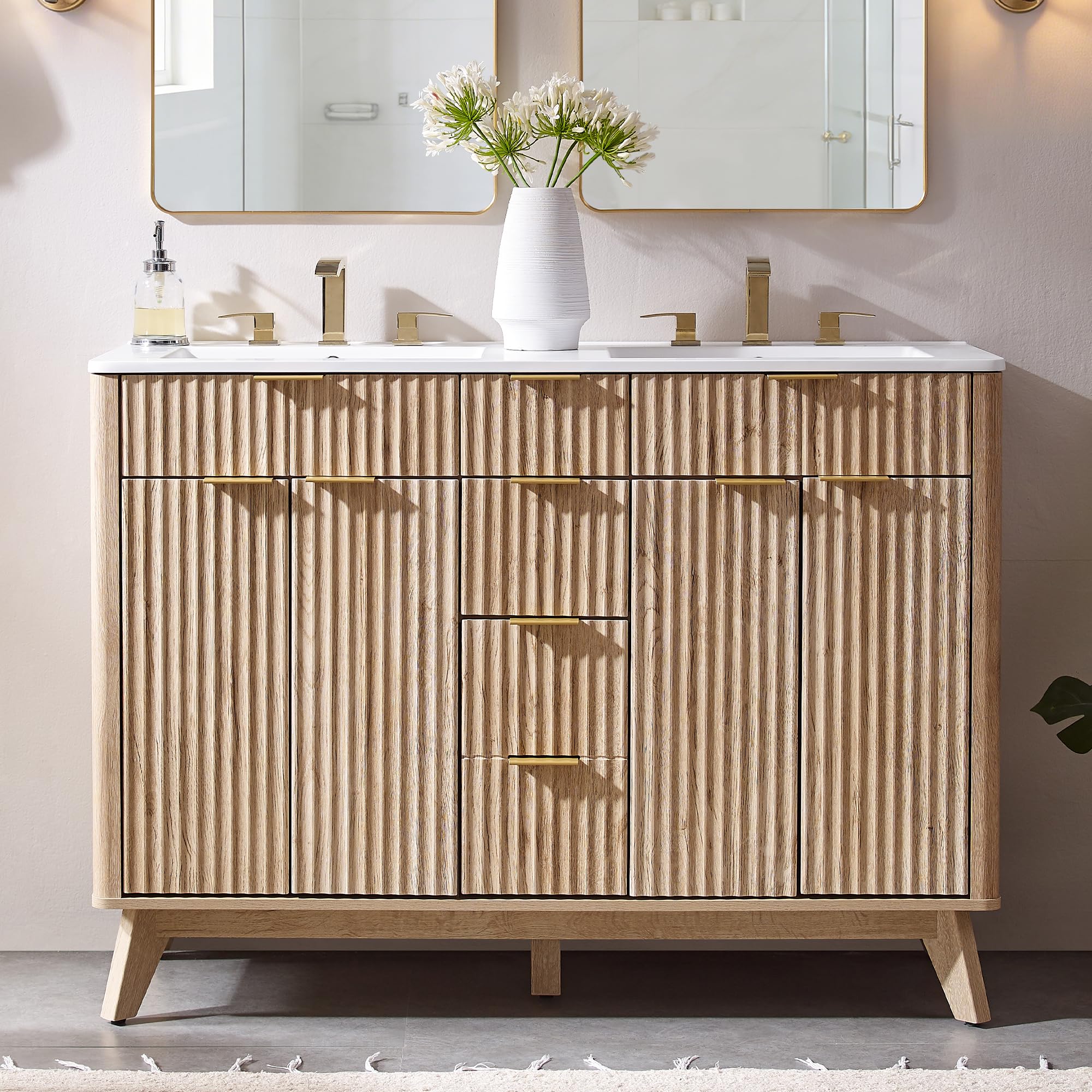 T4TREAM 48" Fluted Bathroom Vanity with Resin Sink Combo, Natural Oak
