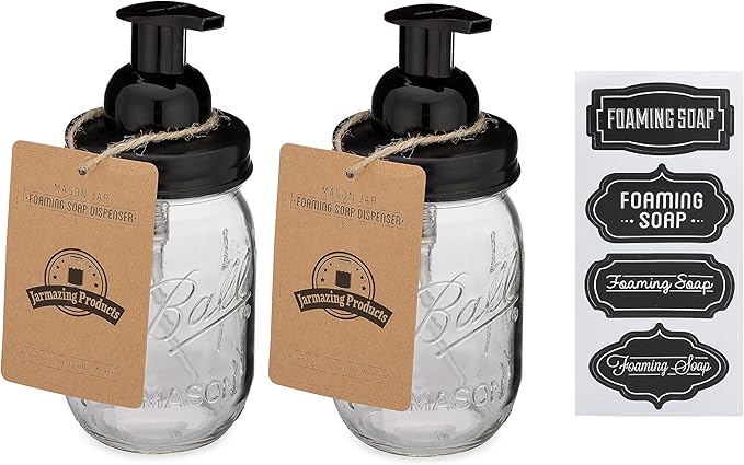 Jarmazing Products Mason Jar Foaming Soap Dispenser - Black - with 16 Ounce Ball Mason Jar - Two Pack!