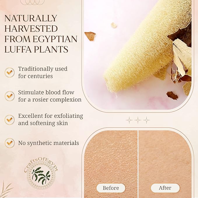 CraftsOfEgypt Egyptian Natural Loofah Body Scrubber Pads, Double Sided Luffa Sponge for Women and Men, Deep Scrubbing Shower Face Back and Body, Loofa Luffah Exfoliation Pads – 6.9x4.7 Inches, 2 Pack