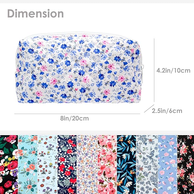 PAZIMIIK Small Quilted Makeup Bag,Zipper Cosmetic Pouch,Floral Blue,6 Pack