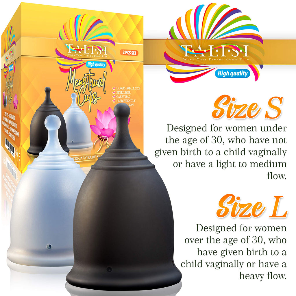 Talisi Menstrual Cups with Foldable Silicone Sterilizer - Soft Reusable Period Starter Kit - Feminine Menstruation Set - Alternative to Tampon Pad Disc - Light & Heavy Flow (Small & Large)