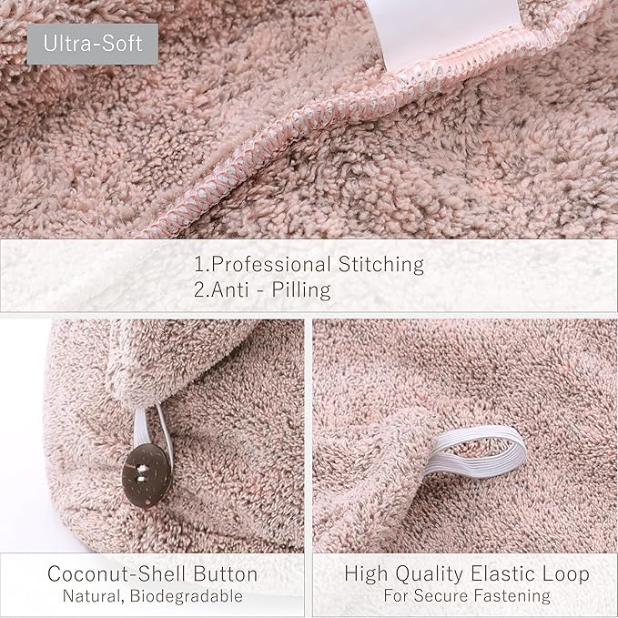 myHomeBody Hair Towel Wrap, Quick Drying Turban, Absorbent Cap – Pink