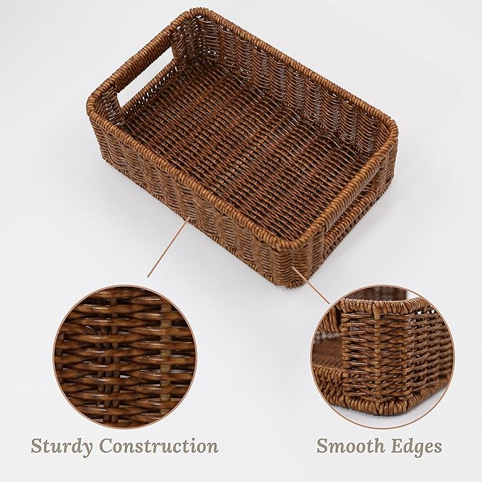 Baskets for Organizing, Small Wicker, Storage Bins for Bathroom and Toilet Paper Rolls, Hand Woven Tank Topper with Handle, Set of 2, Toffee