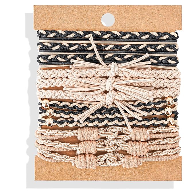 Hair Ties Bracelet Boho Hair Tie for Women, Lolalet Super Cute Soft Braided Elastics, Strong No Pull Nylon Ponytail Holder for Thin Long Curly Hair - 12 Pcs, Style E