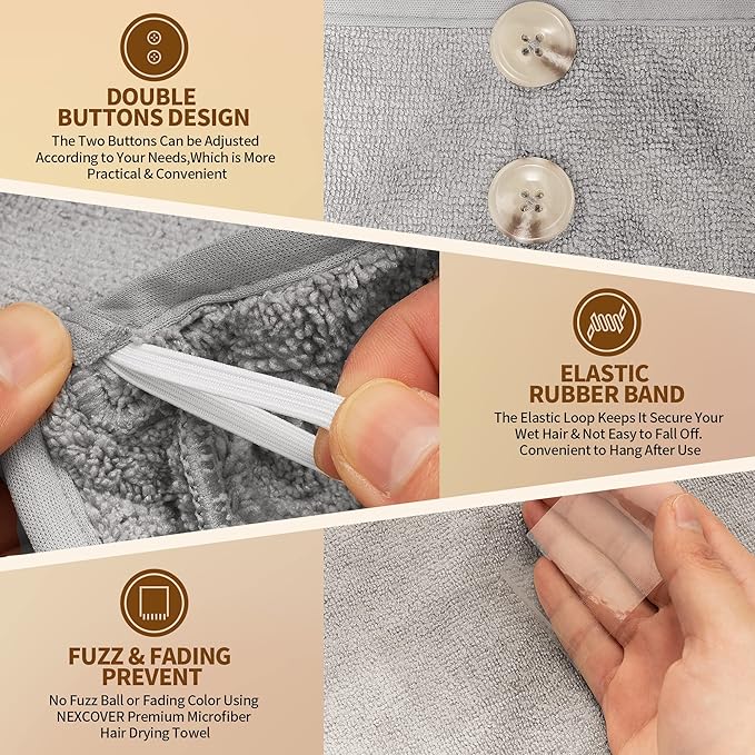 NEXCOVER Microfiber Hair Wrap, 2 Pack Grey 9.8 inch x 25.5 inch, Turbans Ultra Absorbent Fast Drying Head Towels for Long, Curly, Thick Frizzy Hair