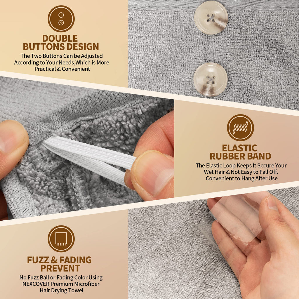 NEXCOVER Microfiber Hair Wrap, 2 Pack Grey 9.8 inch x 25.5 inch, Turbans Ultra Absorbent Fast Drying Head Towels for Long, Curly, Thick Frizzy Hair