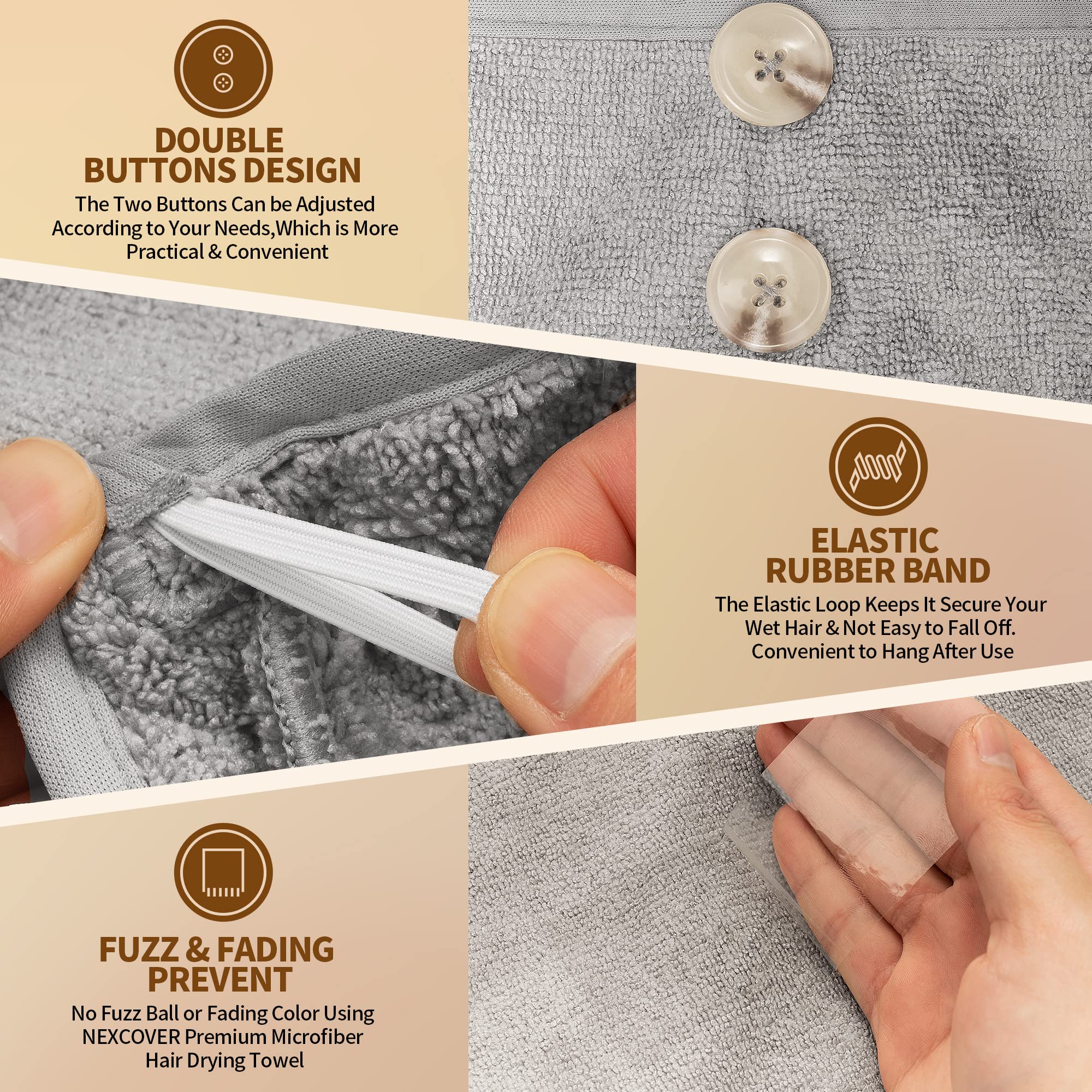 NEXCOVER Microfiber Hair Wrap, 2 Pack Grey 9.8 inch x 25.5 inch, Turbans Ultra Absorbent Fast Drying Head Towels for Long, Curly, Thick Frizzy Hair