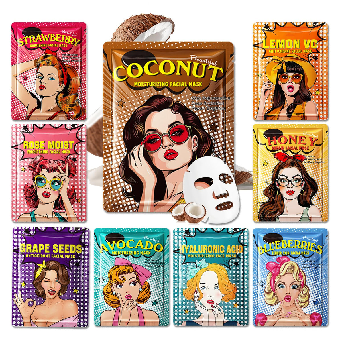 10 Pack Variety Facial Sheet Masks Skin Care Set, Hydrating Bulk Sheet Face Masks Skincare Gifts Set for Women Men, Long Lasting Moisturizing Face Mask Skincare for All Skin Type（D07)