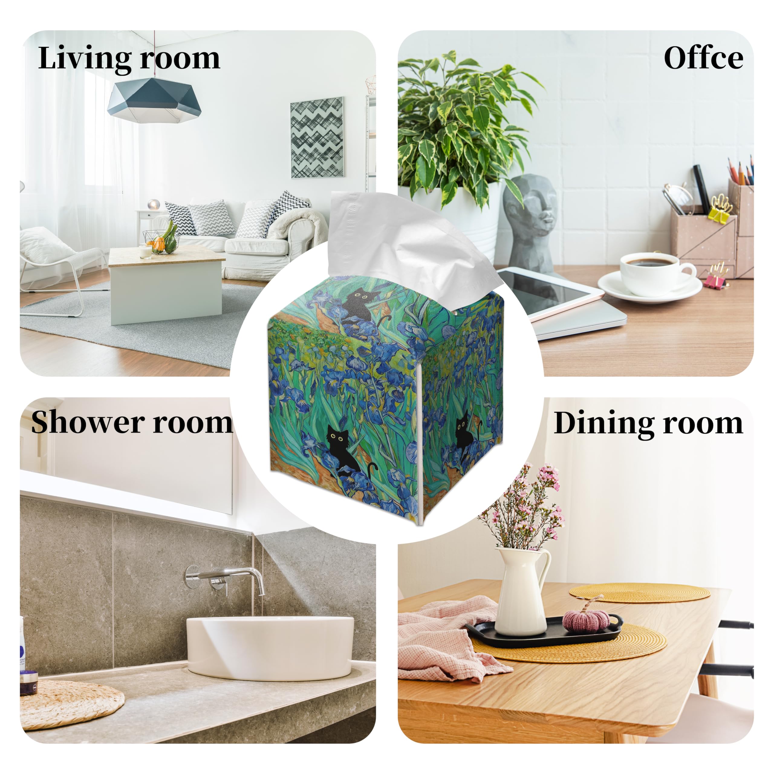 Grace Yonks Art Tissue Box Cover Square - Black Cat Among Irises Design 5.2" PU Leather Holder for Vanity, Desk, or Bathroom Counter - Cube Case for Facial Tissues. (121)