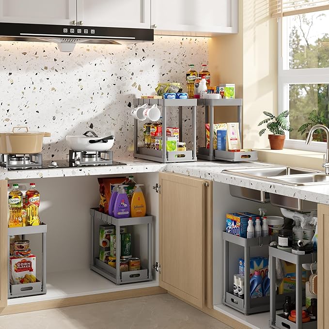 POUGNY 2PC Under Sink Organizer Rack 2 Tier Under Sliding Cabinet Basket Organizer Drawer with 4 Hooks, Multi-purpose Under Sink Storage for Bathroom Kitchen Desktop（Grey）