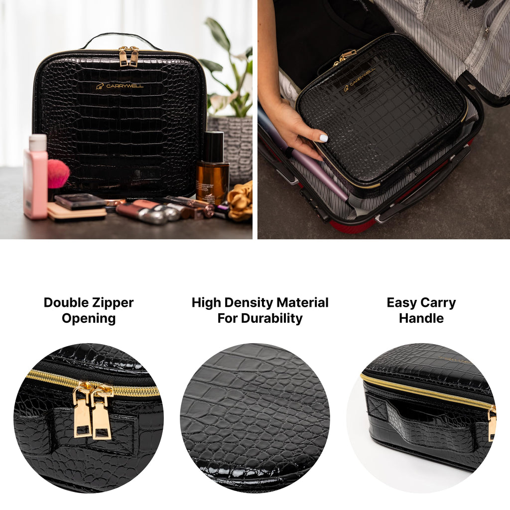 Carrywell Makeup Bag Travel Case, Not-Made In China, Hard Train Case for Cosmetics, Portable Beauty Artists Organizer, Storage Box With Adjustable Dividers For Make Up and Brushes, Small Crocodile