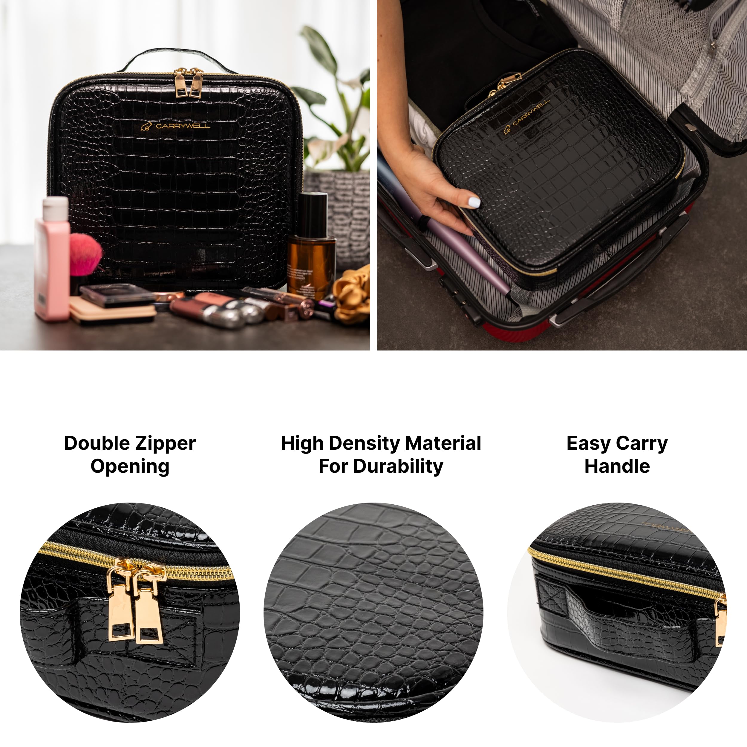 Carrywell Makeup Bag Travel Case, Not-Made In China, Hard Train Case for Cosmetics, Portable Beauty Artists Organizer, Storage Box With Adjustable Dividers For Make Up and Brushes, Small Crocodile