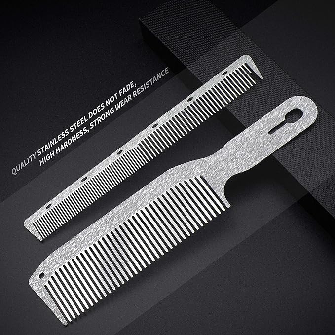 2 Pcs Stainless Steel Comb Set Metal Barber Combs for Hair Stylist, High Texture, Wood Grain Design barber combs professional Metal Fine Comb