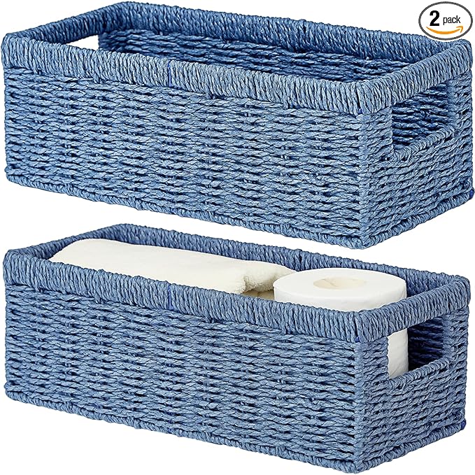 Vagusicc Wicker Storage Basket, Paper Rope Wicker Baskets with Handles, Toilet Paper Basket for Toilet Tank Top, Small Wicke Baskets for Organizing Shelves, 2-Pack, Blue