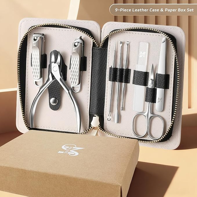 9PCS Manicure Set – Professional 9-in-1 Manicure Pedicure Kit, Premium Stainless Steel Nail Clippers and Grooming Tools with Portable Textured Travel Case, Luxury Gift Set for Woman& Man