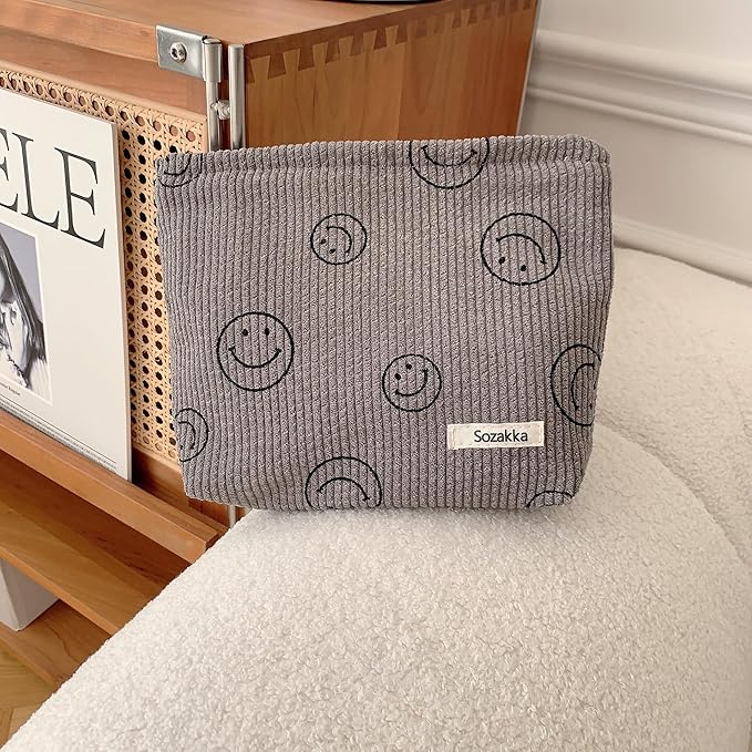 Gardsell Cosmetic Bags for Women - Corduroy Cosmetic Bag Aesthetic Women Handbags Purses Smile Dots Makeup Organizer Storage Makeup Bag Girls Case Bags (A-Gray)
