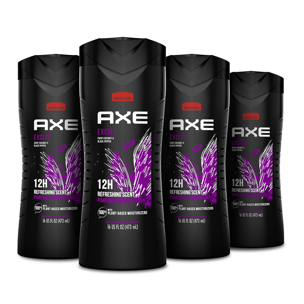 AXE Crisp Coconut & Black Pepper Body Wash 4 Count 12h Refreshing Scent Excite Men's Body Wash with 100% Plant-Based Moisturizers 16 oz