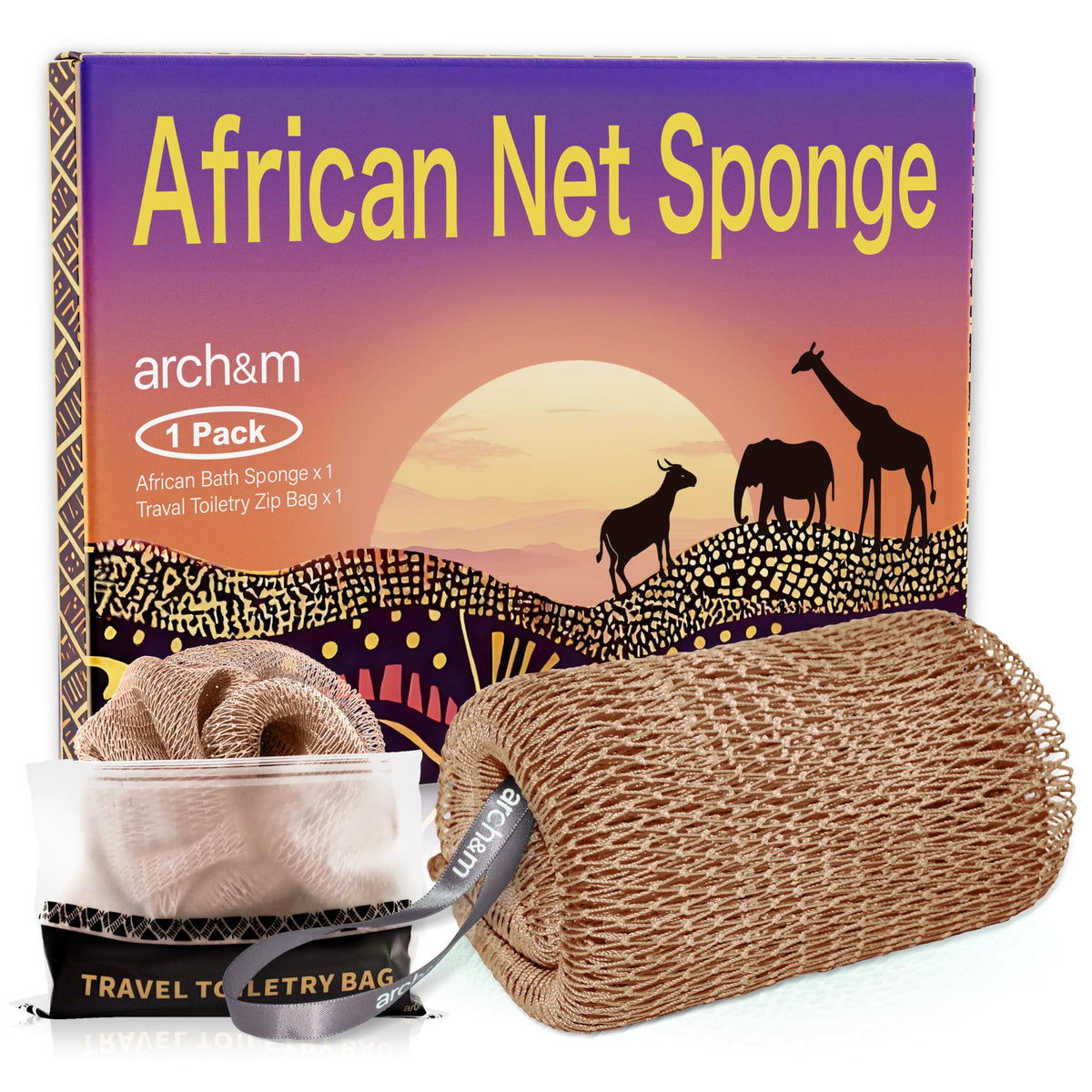 ARCH&M African Net Sponge Authentic with Knots, 2 Pack 53" Extra-Long