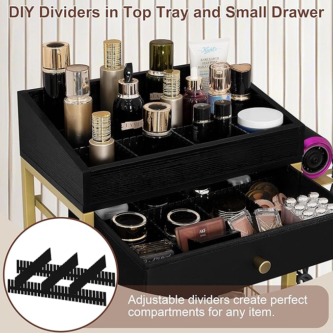 NauwaBarn Makeup Organizer Cart with 3 Drawers, Rolling Vanity Organizer with Detachable Hair Tool Holder & Wheels, Floor Makeup Storage Cart for Skincare, Perfume, Nail Polish, Gold & Black