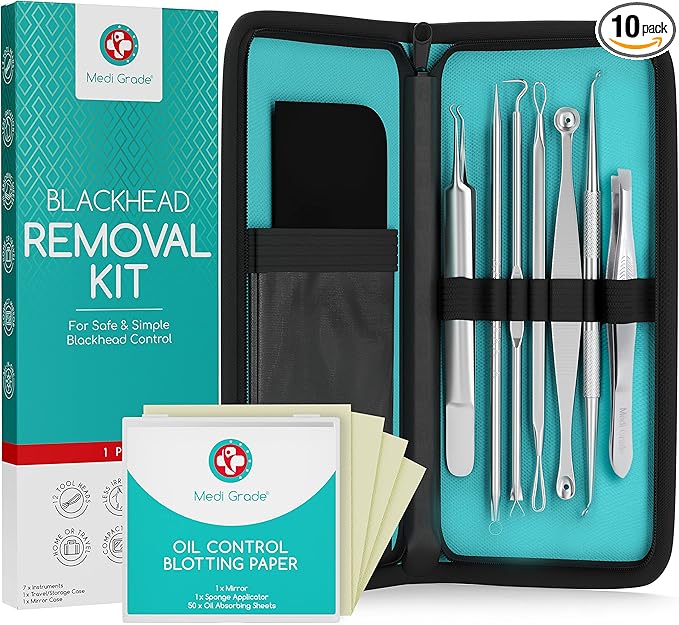 Blackhead Remover Kit with Oil Control Blotting Paper [50 Sheets] - Stainless Steel Pimple Popper, Blackhead Extraction Kit Including Spot Poppers, Whitehead & Blackhead Extractors