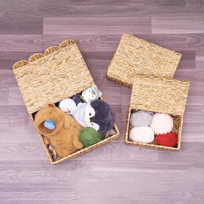 Set of 2 Scalloped Edge Wicker Basket with Lids, Rectangle Wicker Storage Basket with Built-in Handles, Multipurpose Organizer Rattan Display Boxes for Shelf, Nursery Room