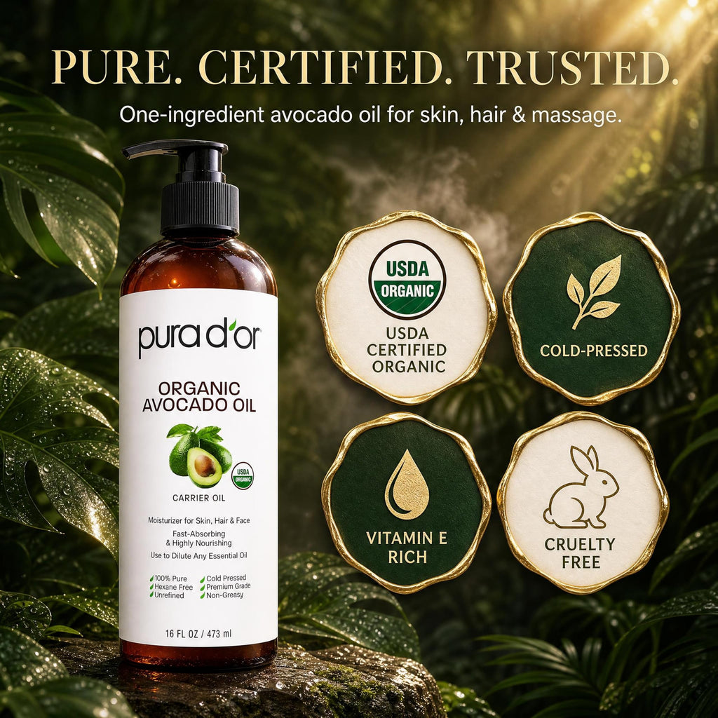PURA D'OR ORGANIC Avocado Oil (16 Oz) 100% Pure & Natural USDA Certified Cold Pressed