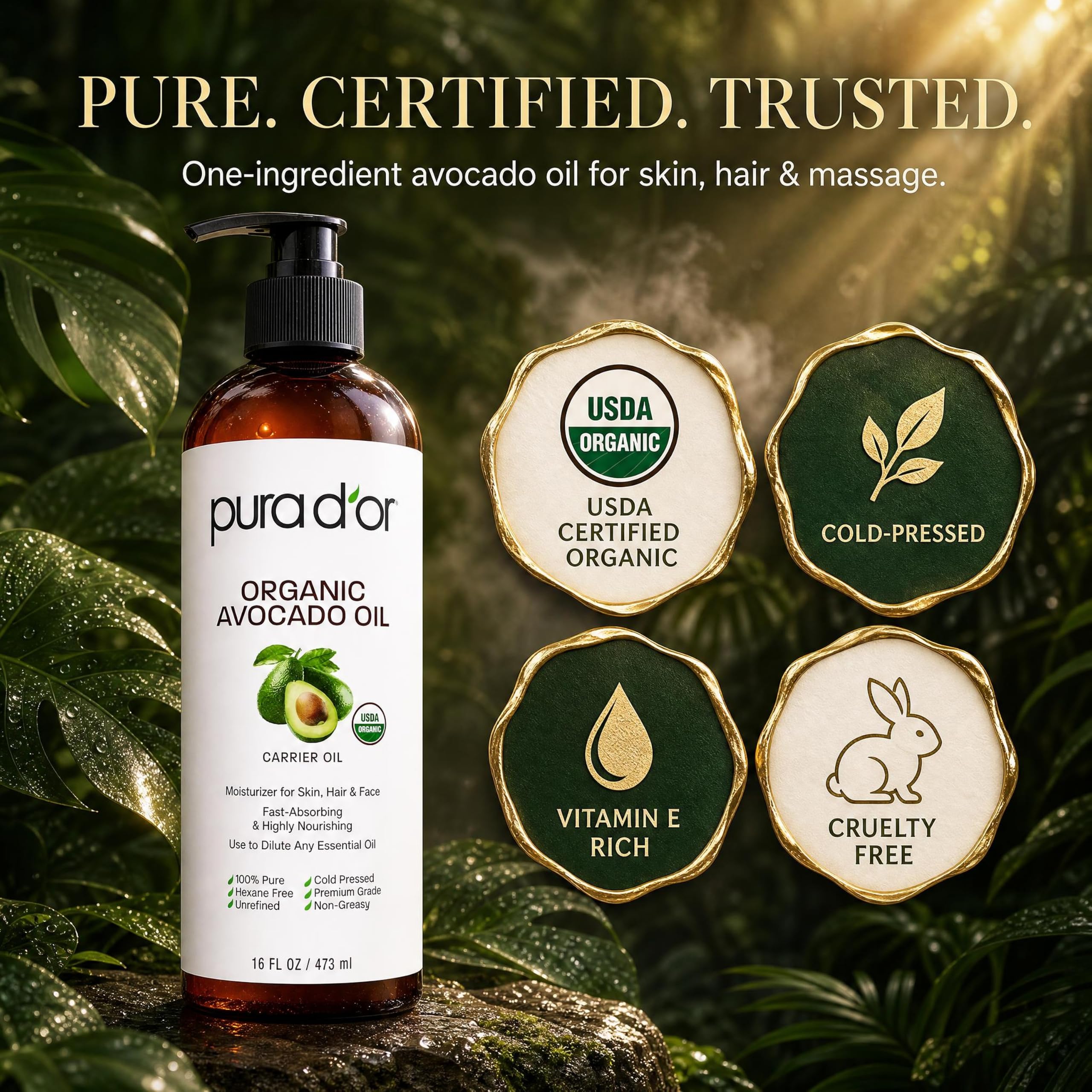 PURA D'OR ORGANIC Avocado Oil (16 Oz) 100% Pure & Natural USDA Certified Cold Pressed