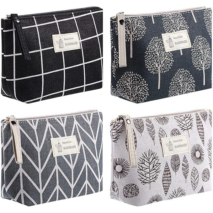 Boao 4 Pcs Canvas Cosmetic Pouches for Purse Makeup Bags Set Small with Zipper Cute Multi Functional Toiletry Travel Organizer for Back to School Women Gift, 4 Styles(Small,Arrow, Plaid, Tree, Leave)