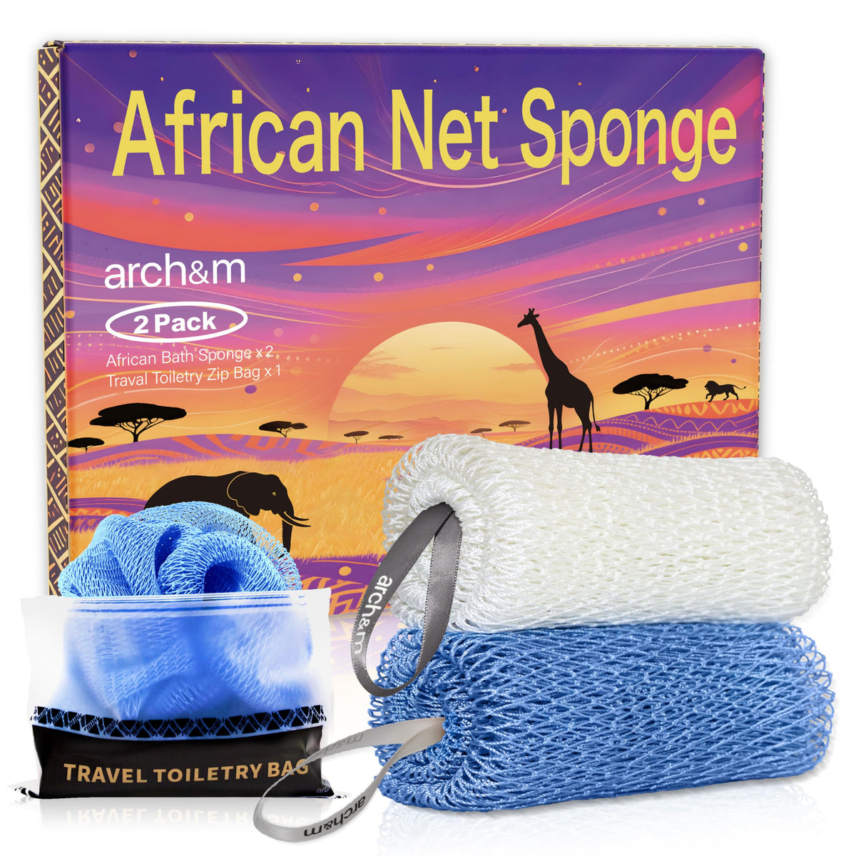 ARCH&M African Net Sponge Authentic with Knots, 2 Pack 53" Extra-Long