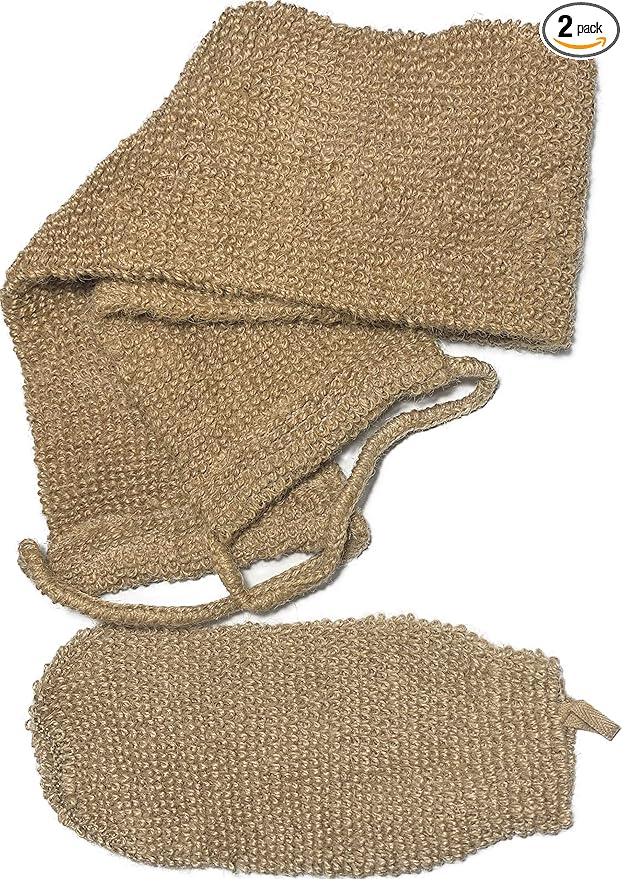 2 pcs/Set Large Natural Exfoliating Hemp Back Scrubber for Shower for Men and Women - Rub Glove Mitt Mitten - Deep Clean & Invigorate Your Skin - Machine Wash and Dry - Double Sided Available