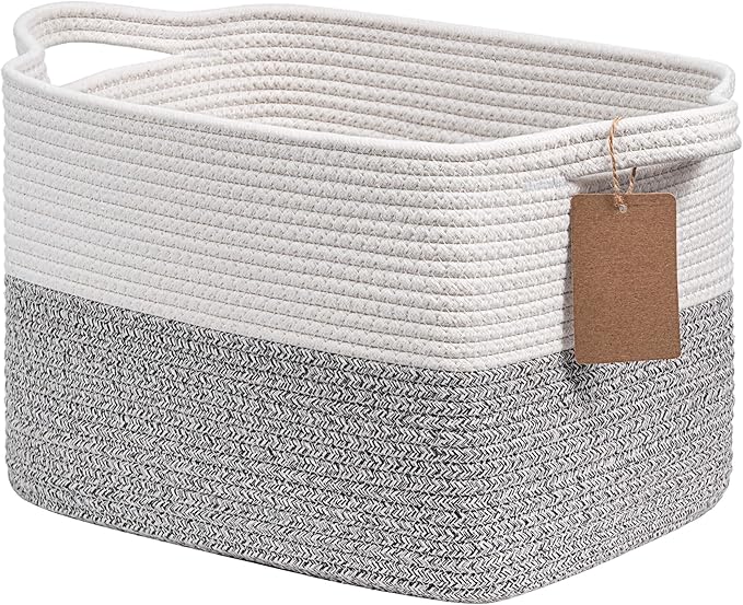 Goodpick Extra Large Woven Rope Storage Basket, Rectangle, Light Gray